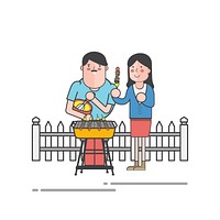 Husband and wife having a barbecue illustration