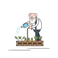 Illustration of an old man watering in the garden