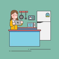 Illustration of a woman using a tablet in the kitchen