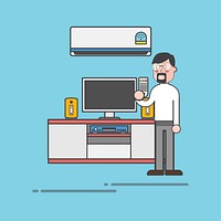 Bearded guy with the TV remote in the living room illustration