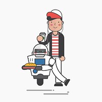 Illustration of a guy with coffee an a robot waiter