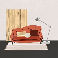 Retro living room Instagram post illustration, with furniture & home decor vector