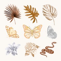 Brown aesthetic tropical collage elements set vector