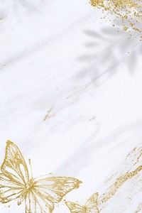 White background, gold glitter butterfly, marble design psd