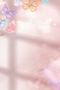 Pink background, colorful butterfly, window shadow design psd