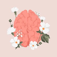 Floral brain clipart, mental health illustration design vector