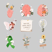 Health & wellness stickers, mental health illustration set vector