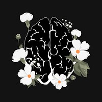 Floral brain clipart, mental health illustration design psd