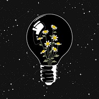 Flower light bulb clipart, black and white design vector