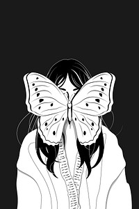 Butterfly on woman face background, black and white design