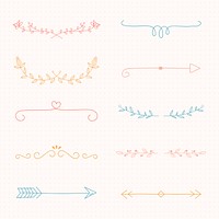 Cute divider elements, pastel doodle style set psd