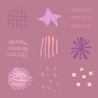 Abstract shape stickers, purple cute design set vector