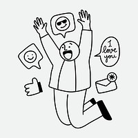 Happy man receiving likes clipart, social media interactions doodle psd