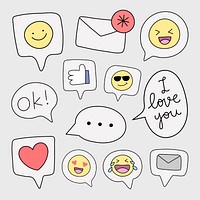 Social media emoticon sticker, reaction doodle vector set