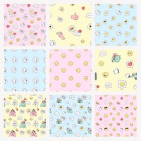 Emoticon doodle pattern background, social media, colorful set vector