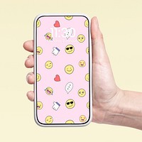 Smartphone screen mockup, emoticon pattern design psd