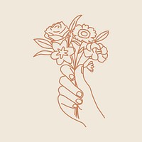 Hand holding flower sticker, monoline illustration vector