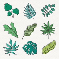 Colorful leaf line art sticker collection psd