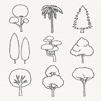 Simple tree line art collage element set psd