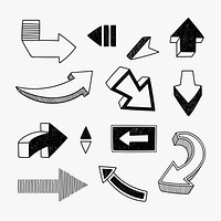 Black and white arrow illustration, black and white simple hand drawn design set psd