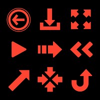 Minimal arrow graphic, red simple design, black background set vector