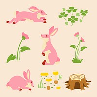 Rabbit stickers, cute animal illustration set vector