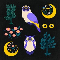 Owl and moon stickers, nature illustration set psd