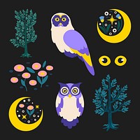 Owl stickers, nature illustration set vector