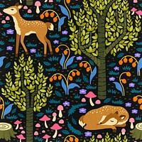 Fairytale forest seamless pattern background, colorful cartoon illustration