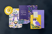 Paper mood board mockup, fairytale animal illustration design psd