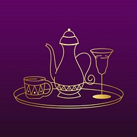 Golden Arabic tea sticker line art, dark purple background vector