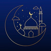 Eid Mubarak line art illustration, luxurious design on dark blue background psd