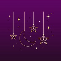 Golden celestial sticker line art, dark purple background vector