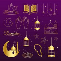 Luxurious line art Ramadan illustration on dark purple background psd set