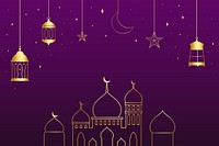 Golden Ramadan background line art on dark purple background psd