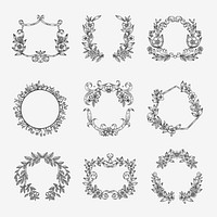 Wreath botanical frame, vintage, black illustration set vector