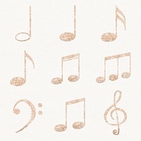 Musical notes, clef sticker, beige glittery set psd