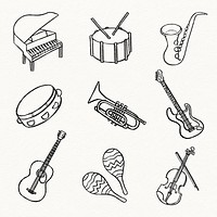 Musical instruments sticker, cute doodle psd set