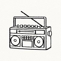 Boombox doodle sticker, retro music player psd