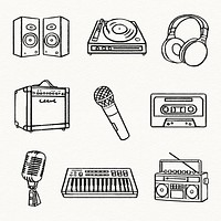 Musical equipment stickers, electronics doodle psd set