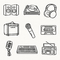 Musical equipment stickers, electronics doodle vector set