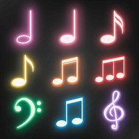 Musical notes, clef sticker, colorful neon set psd