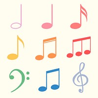 Musical notes, clef sticker, colorful doodle set vector