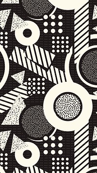 Phone wallpaper Memphis pattern, black & white doodle design