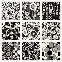 Memphis seamless pattern social media banner, aesthetic black design psd set