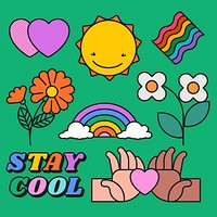 Pride month kidcore stickers, summer designs vector set