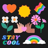 Pride month kidcore stickers, summer designs vector set