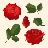 Red rose sticker, Valentine's flower illustration psd set