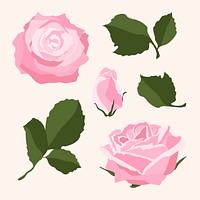 Pink rose sticker, feminine flower illustration set vector