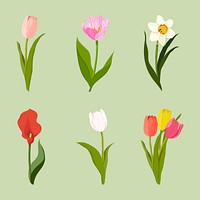 Aesthetic flower stickers, realistic illustration set vector